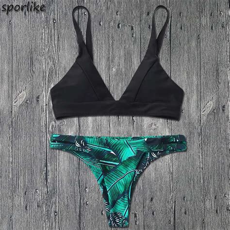 new bikinis women swimsuit bathing suit push up swimwear leaf print plunge thong bikini set
