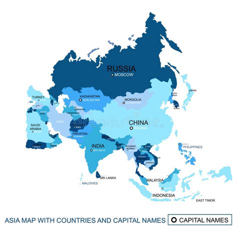 Resumen Azul Vector Asia Mapa Con Los Países Y Sus Respectivas