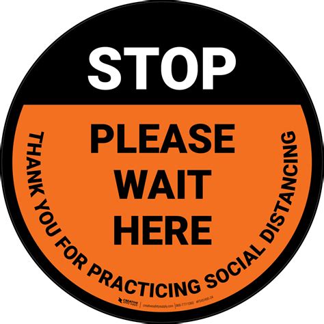 Stop Please Wait Here Social Distancing Orange Circular Floor Sign