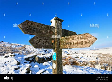 Pennine Way Top Withens And Bronte Falls Wooden Fingerpost On Haworth