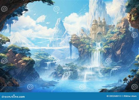 Fantasy Landscape With Waterfall And Fairy Tale Castle Digital