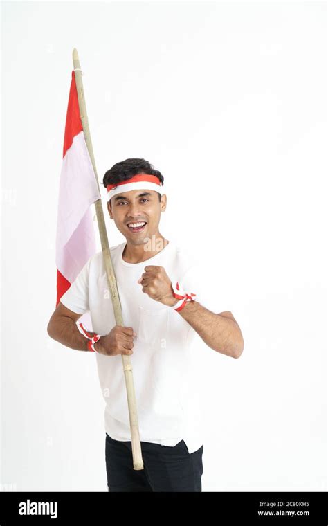 Excited Male Holding Indonesian Flag Patriotic Nationalism Concept Of