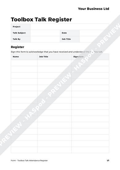 Free Toolbox Talk Attendance Register Form Template Haspod