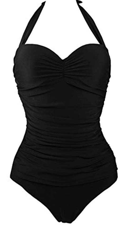 Firpearl Womens Retro 50s One Piece Swimsuit V Neck Halter Ruched
