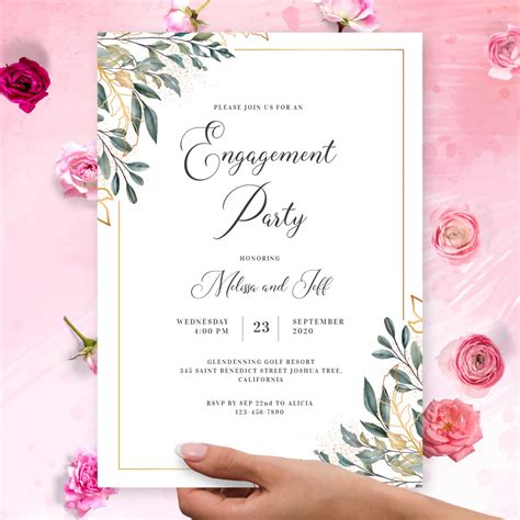 Gold Greenery Elegant Engagement Party Invitation Template Online Maker