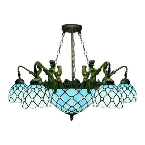Tiffany Style Chandelier Mermaid Armed Blue Stained Glass Ceiling Light