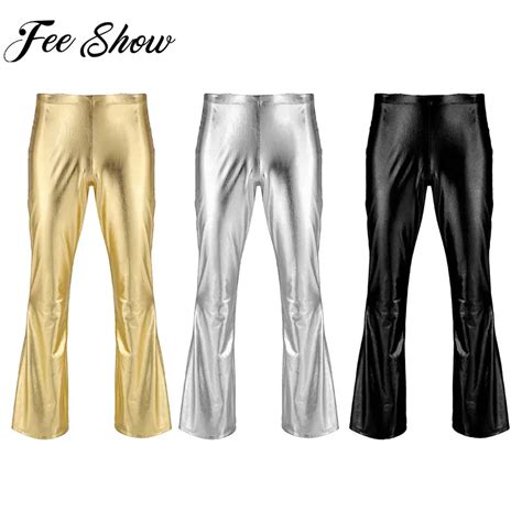 Feeshow Adult Mens Shiny Metallic Disco Pants With Bell Bottom Flared