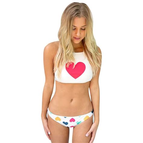 Cute Love Heart Print Halter Bikinis Women 2017 Push Up Swimwear White