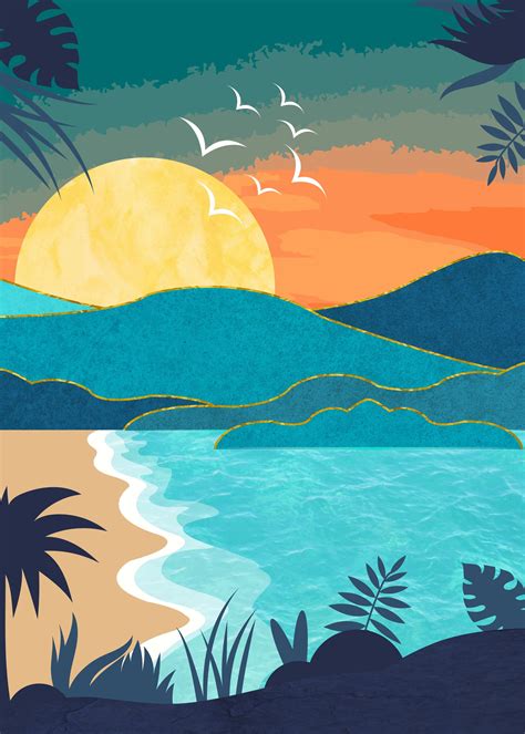 Sunset On Hidden Beach In Beach Illustration Surf Art Ocean Illustration