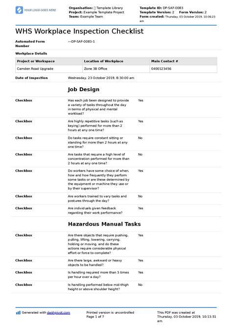 Whs Workplace Inspection Checklist Free Editable Template