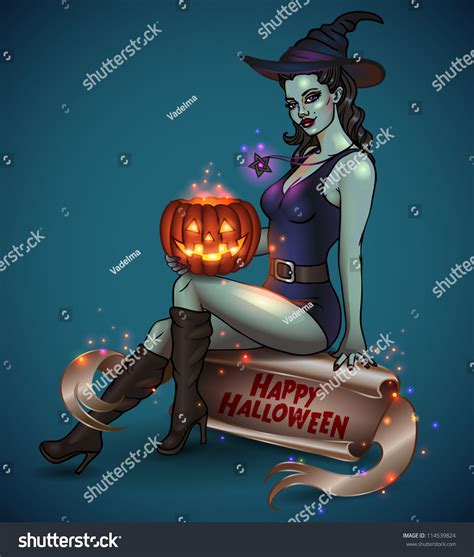 Sexy Pinup Witch Pumpkin Sitting On Stock Vector Royalty Free 114539824