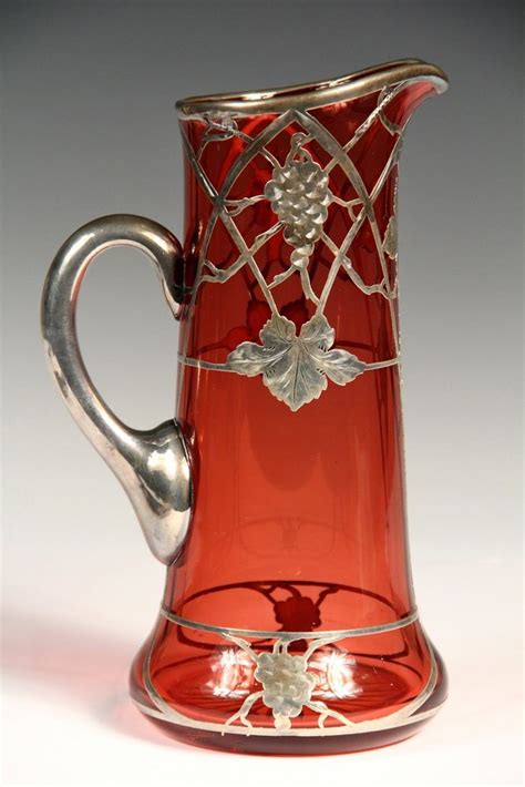 Sterling Overlaid Glass Pitcher Art Nouveau Cranberry May 31 2015