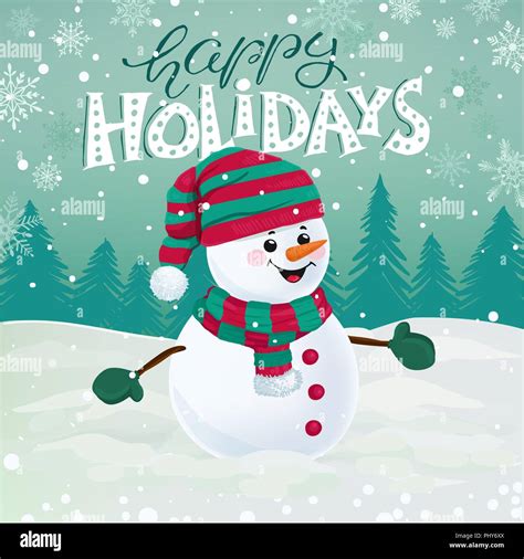 Funny Snowman In Hat Scarf And Mittens On Snowy Background With
