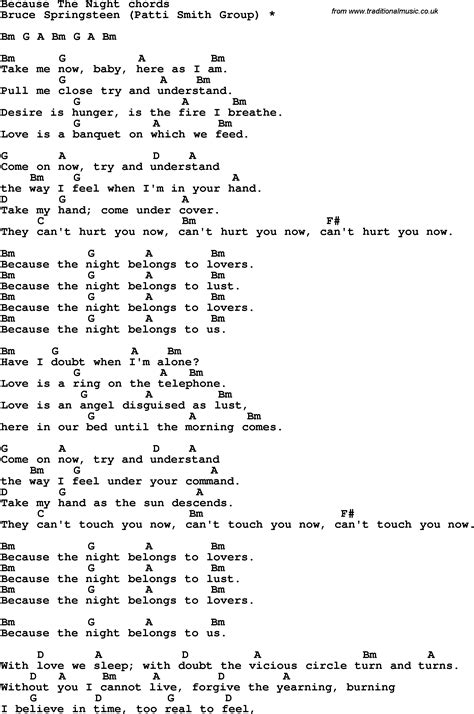 Song Lyrics With Guitar Chords For Because The Night