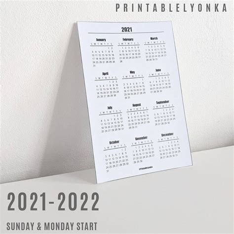 2021 2022 Yearly Calendar Printable Pdf 4 X 6 Inches Sizesunday