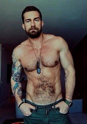 Shirtless Male Muscular Hairy Chest Abs Beard Beefcake Tattoo Guy Photo