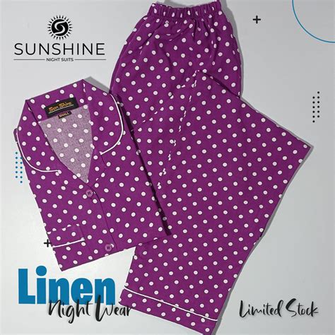 linen nightwear purple polka dot print pajamas nightwears
