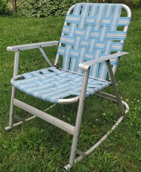 Vintage Webbed Aluminum Tube Folding Lawn Rocker Rocking Chair Blue White 6995 Picclick