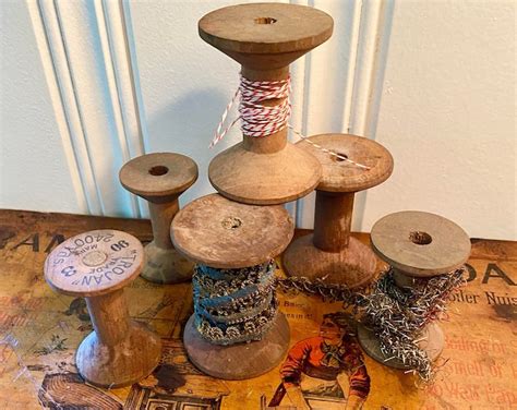 LOT Of SIX Antique Wood Spools Industrial Textile Plain Wooden Thread