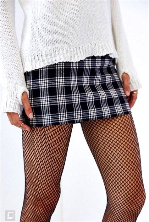 Plaid Skirt With Fishnets And White Sweater Clothes Women Clothes Sale