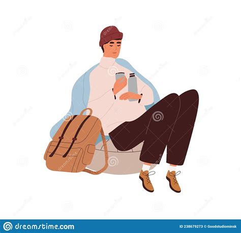 Tourist Resting And Warming With Hot Drink From Thermos Hiker With