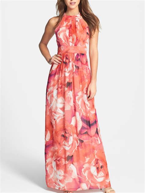 Shop Beach Dresses Coral Floral Printed Halter Sleeveless Maxi Dress