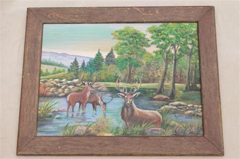 Rustic frame styles include barnwood picture frames and other weathered wood textures that may also look vintage or country. primitive naive art stag deer woodland picture, hand ...