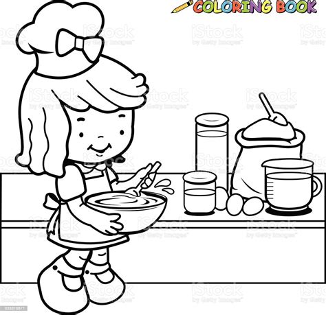 Esl kids resources for english teachers. Little Girl Cooking Coloring Book Page stock vector art ...
