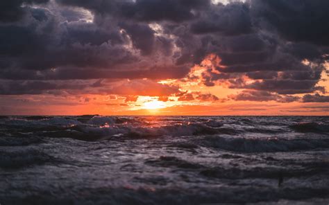 Download Wallpaper 3840x2400 Sunset Sea Waves Clouds Horizon 4k