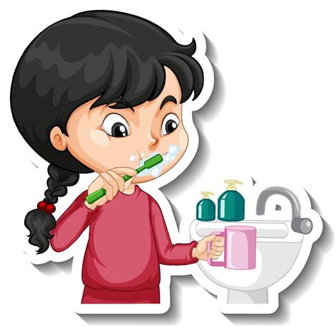 Cartoon Character Sticker With A Girl Brushing Teeth 3215538 Vector Art