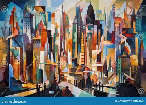 Cubist Painting of Vibrant Cityscape, with Skyscrapers and Bustling