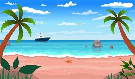 Cartoon Summer Beach Seaside Landscape Tropical Beach Relax Vector Background Illustration