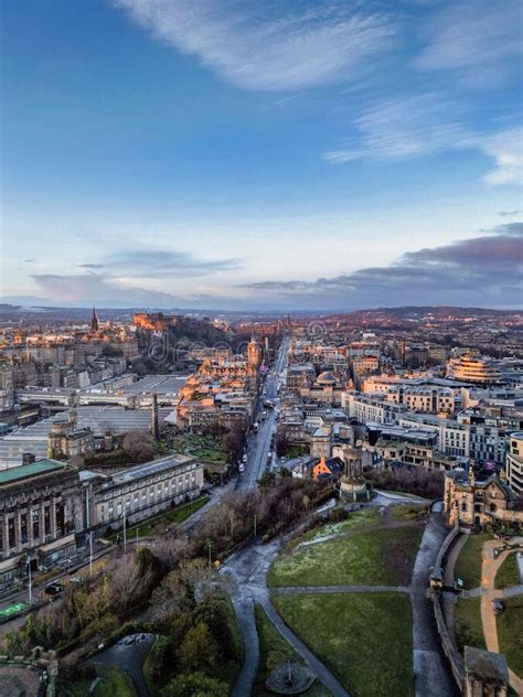 Vertical Aerial View From Calton Hill In Edinburgh Overlooking Princes