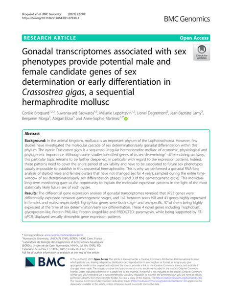 Pdf Gonadal Transcriptomes Associated With Sex Phenotypes Provide