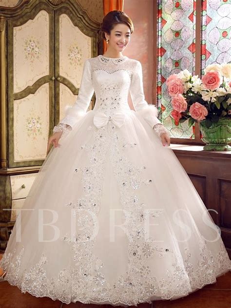 Long Sleeve Beading Lace Up Vintage Wedding Dress Korean Wedding