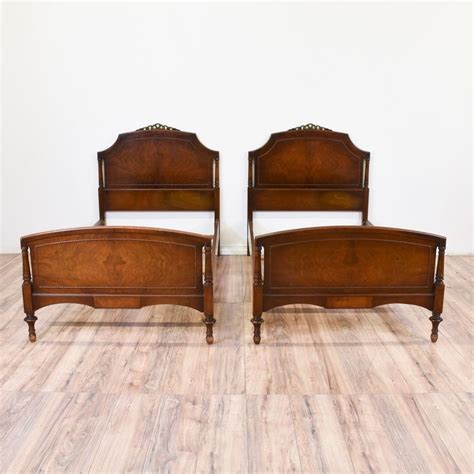 Pair Of Antique Burl Wood Twin Sized Beds Loveseat Vintage Furniture