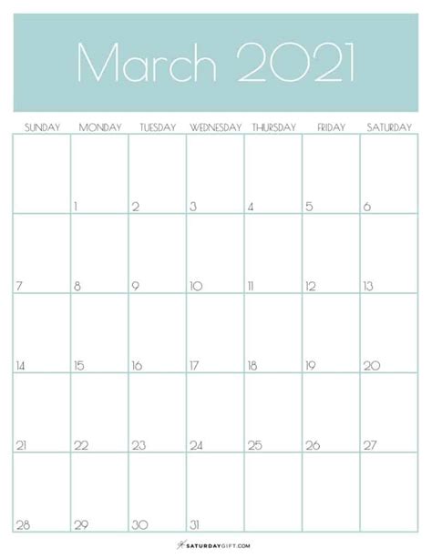 This 2021 printable monthly calendar can be used to plan and organize many areas of your life. Cute (& Free!) Printable March 2021 Calendar | SaturdayGift