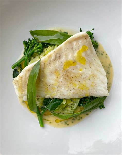 Poached Turbot Fillet Buttered Leeks PSB Smoked Dulse Beurre Blanc
