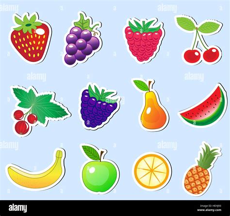 Cute Cartoon Fruit Sticker Set Vector Illustration Stock Vector Image