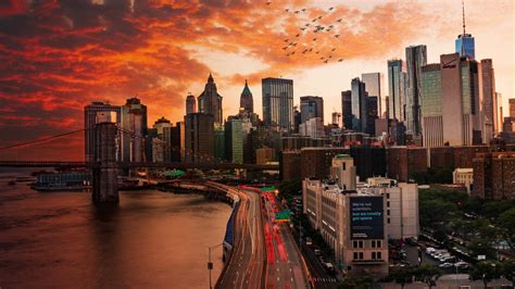 Download New York Brooklyn Bridge Highway Cloud Sky Sunset Skyscraper