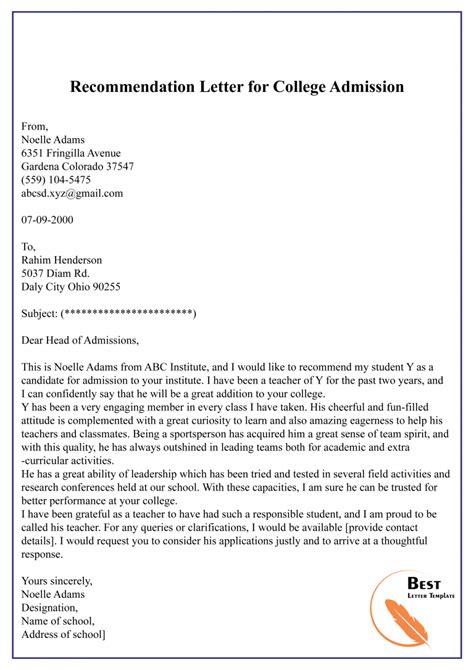 Recommendation Letter For University Format Sample And Example