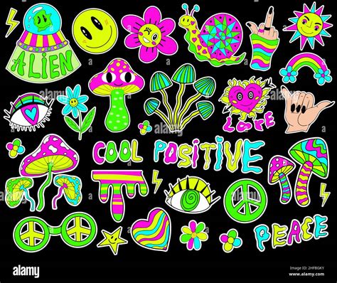 Psychedelic Hipster Set Retro 70s Hippie Stickers Groovy Elements
