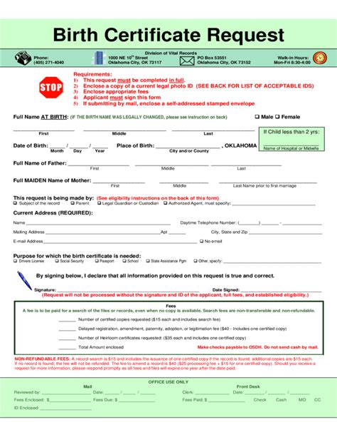 Birth Certificate Request Oklahoma Free Download