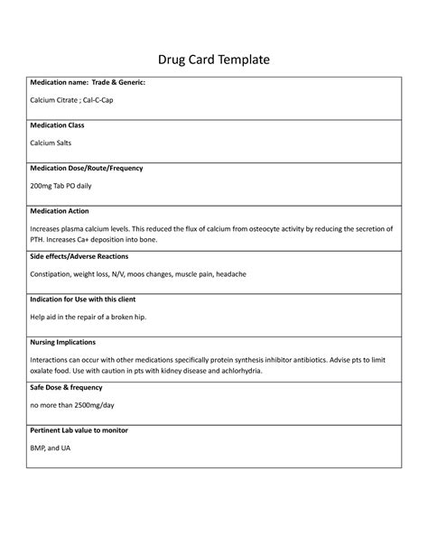 Calcium Citrate Drug Card Drug Card Template Medication Name Trade And Generic Calcium Citrate