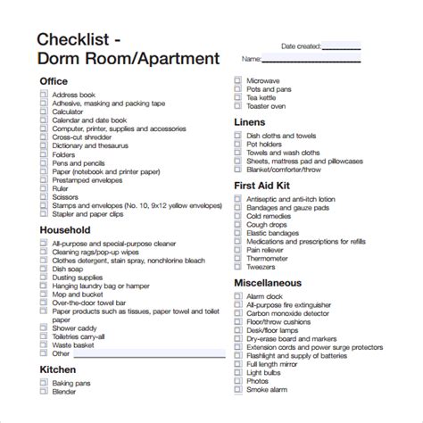 12 Sample Dorm Room Checklist Templates Sample Templates