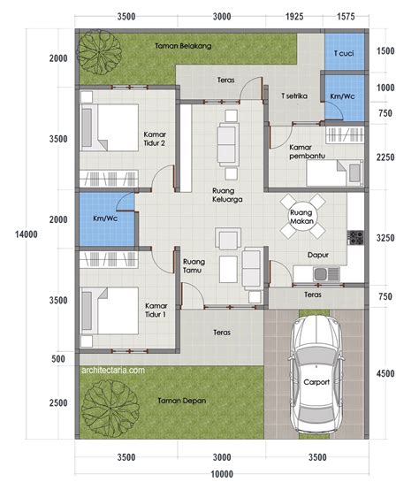 Di unit rumah tipe 36, dua kamar tidur mengapit satu kamar mandi di satu sisi, serta ruang tengah di sisi lainnya. Desain Rumah Mungil Type 70 | PT. Architectaria Media Cipta