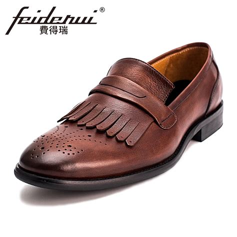 Vintage Mens Breathable Loafers British Designer Round Toe Handmade Man Brogue Flats Genuine