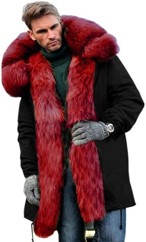 Aofur Mens Winter Warm Thick Faux Fur Slim Trench Coat Long Jacket