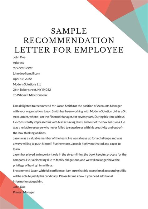 Recommendation Letter For Employee From Manager With Templates