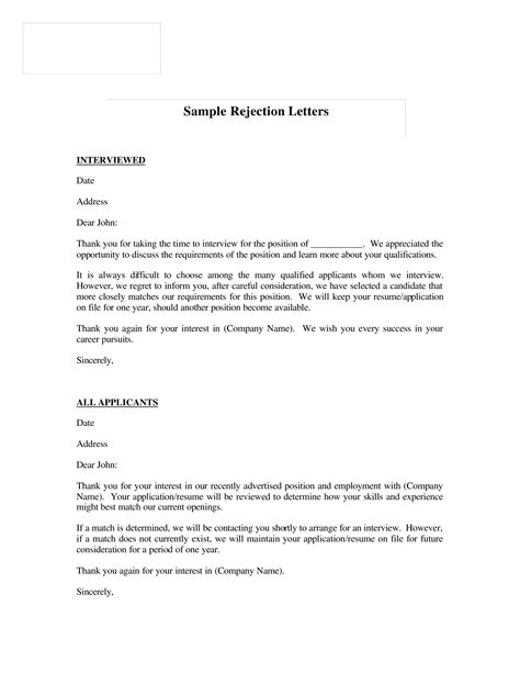 Rejection Letter Templates At
